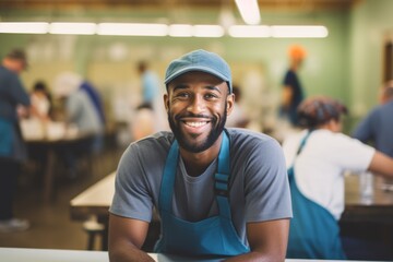 Fototapeta premium Young African American male volunteer at community center
