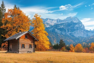 Rustic cabin in the alpine wilderness during autumn