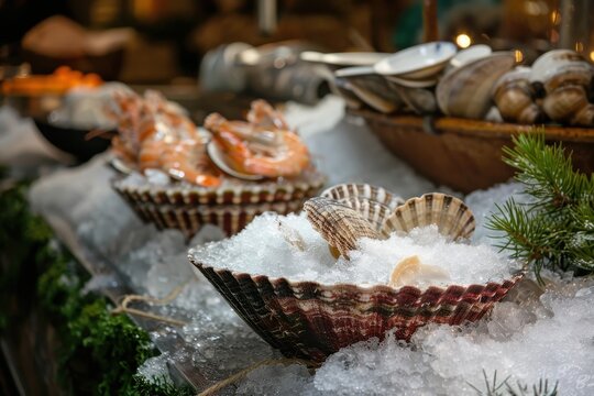 Seafood bivalves on ice at market display