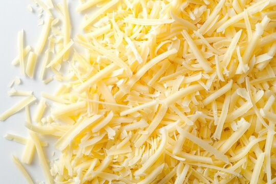 Shredded yellow cheese on white background Close up - Powered by Adobe