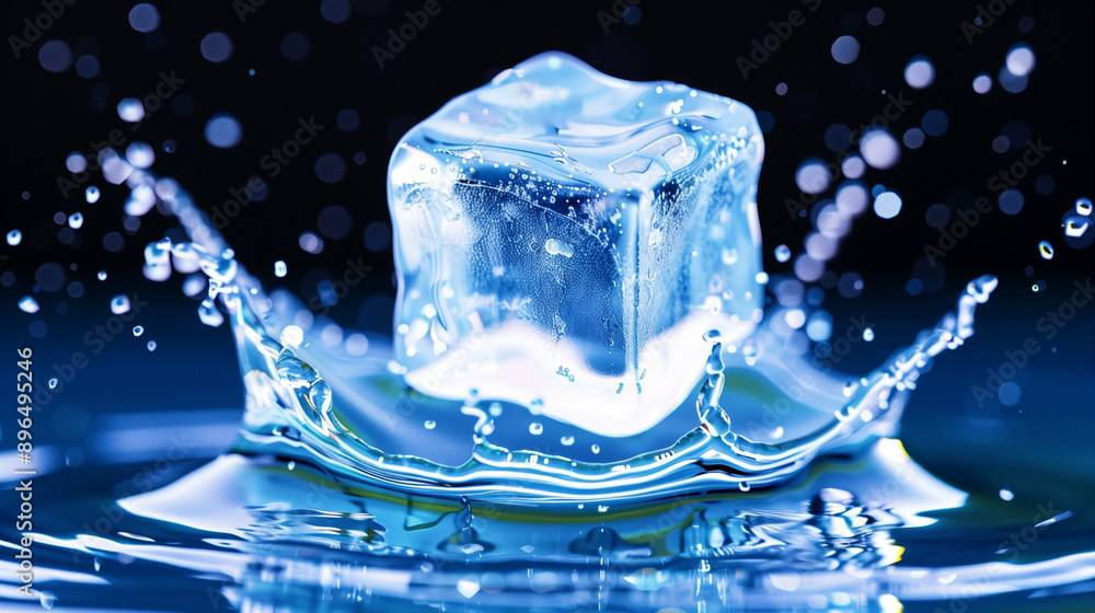 Poster ice cube splashing in water with dynamic ice and splash effects. stunning macro photography capturin
