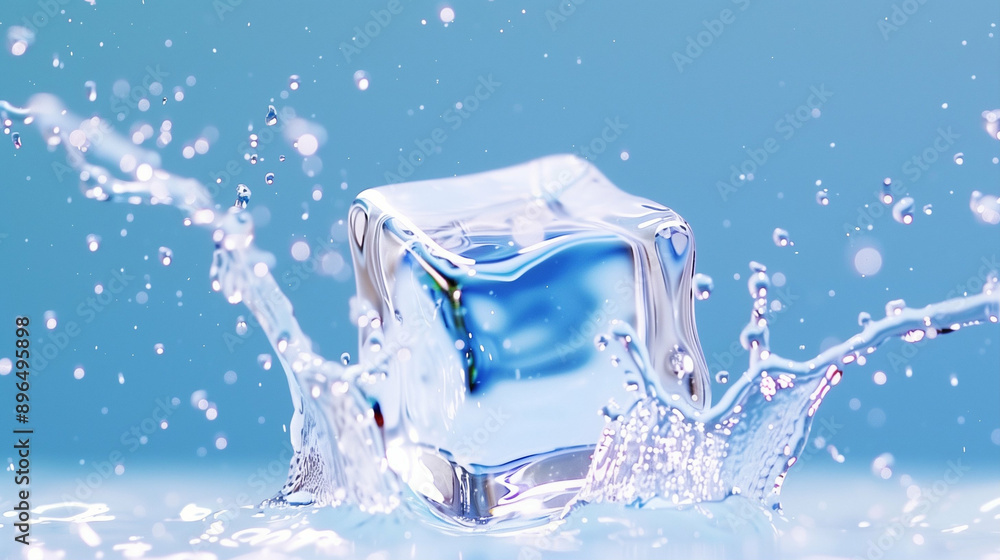 Poster ice cube splashing in crystal clear water creating a dynamic water splash. refreshing drink ice capt