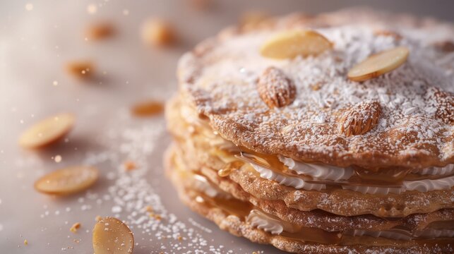 Close-up of a layered golden dacquoise with creamy filling. Traditional French dacquoise made from meringue with a layer of powdered sugar.