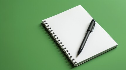 White paper notebook with black pen on a green background for business productivity and organization concept