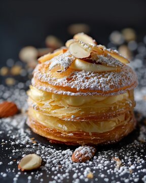 Close-up of a layered golden dacquoise with creamy filling. Traditional French dacquoise made from meringue with a layer of powdered sugar.