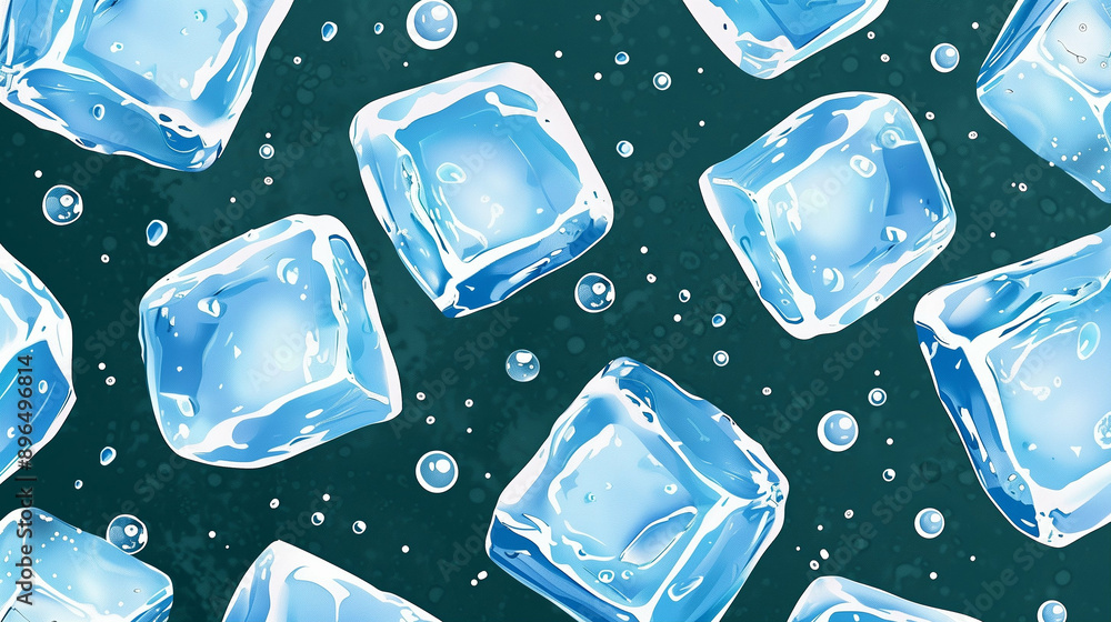 Poster Ice cubes floating in water with bubbles. Clear and shiny ice cubes captured in a vibrant background. Refreshing and cooling visual ideal for summer themes