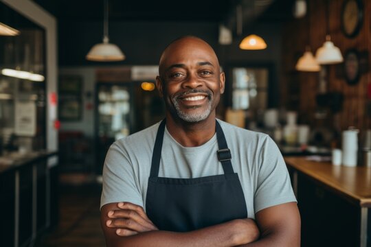 Smiling portrait of a confident middle aged male African American bartender