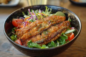 Fish in a bowl with salad fried