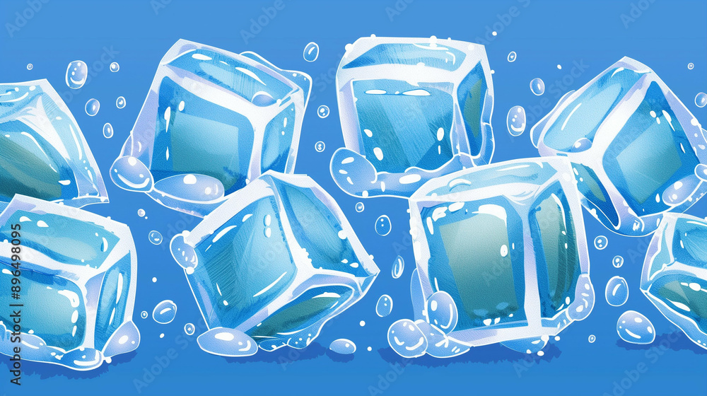 Poster ice cubes in water creating refreshing drinks. transparent ice cubes floating on a blue background w