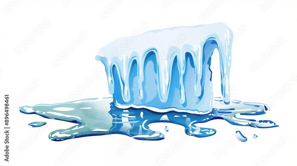 Poster ice and water melting together on a surface. a clear block of ice dripping with water creating refle
