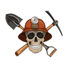 Skull miner in hardhat with pickaxe and shovel