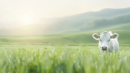 A serene landscape featuring a cow grazing in a lush green field under soft sunlight, perfect for pastoral themes.