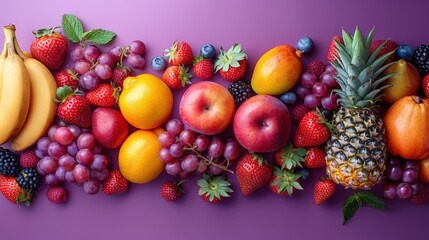 A colorful array of tropical fruits, including pineapples and strawberries, are arranged in an overhead view.