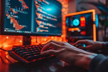 Hands on keyboard with likes of code on monitor