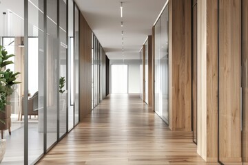 Fototapeta premium Corridor of a company with wooden walls vertical glass doors
