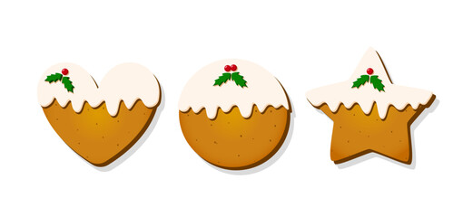 Christmas Gingerbread Cookies. Set of winter sweet homemade biscuits in the form of different shapes and holiday items isolated on white background. Cute Cartoon vector illustration