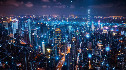 Obraz premium Smart city with network connection and data transfer concept, smart grid system of technology digital communication