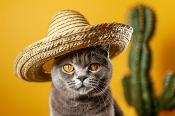 Funny gray cat with a Mexican hat on its head sweet muzzle surrounded by green cacti on a yellow background Scottish Fold cat traveling with cute pe