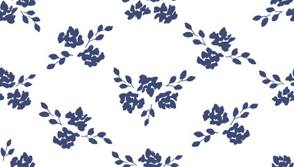 Beautiful floral pattern with blue roses and leaves. Vector ornament