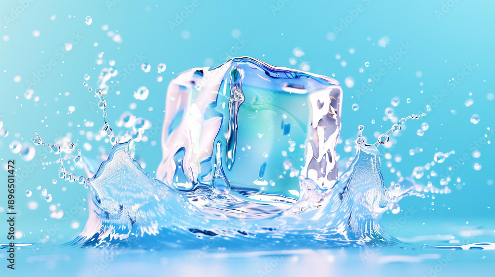 Poster ice cube splashing in water. clear ice cube with water droplets creating a splash effect in vibrant 