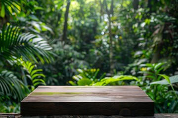 Fototapeta premium Green wooden podium in lush tropical forest background Natural product display in jungle setting