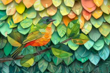 Obraz premium Papercut Bird in a Green and Orange Leafy Background