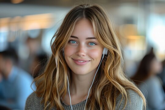 A smiling female customer service representive with earphones is looking at the camera.
