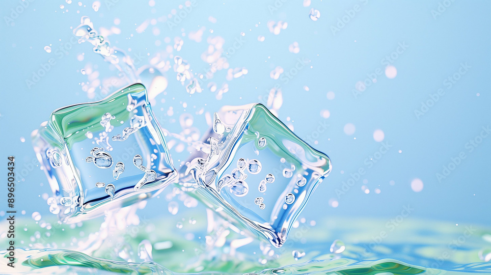 Poster ice cubes splashing in water. refreshing ice and water composition with bubbles. high-quality ice cu