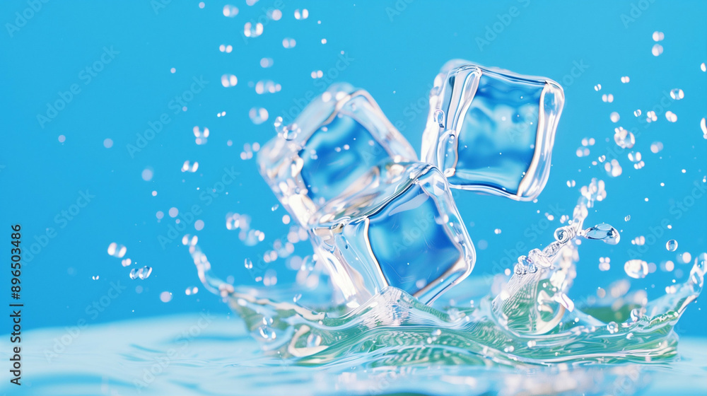 Poster ice cubes splashing in water. crystal clear ice and refreshing water creating bubbles. vibrant blue 
