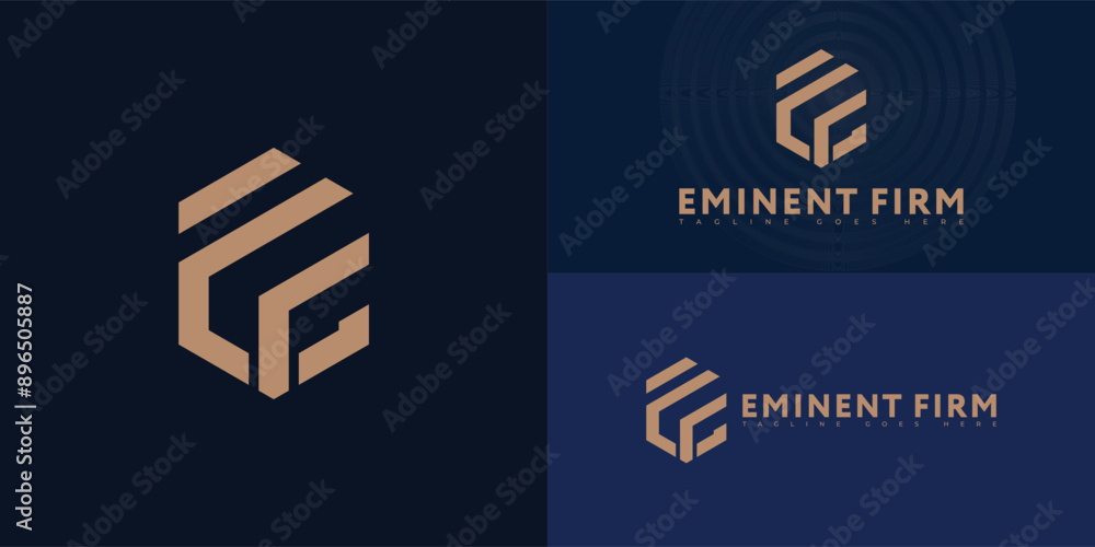Aufkleber abstract hexagon initial letter ef or fe in gold color isolated on multiple background colors. the l