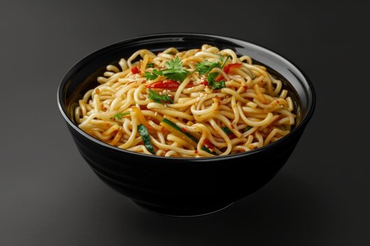 Indo Chinese Schezwan Noodles in black bowl with udon noodles vegetables and spicy sauce