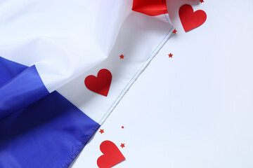 French flag with hearts on white background. Bastille Day celebration
