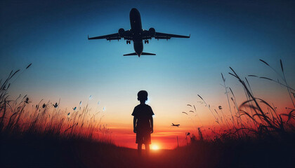 Dreams of Flight: Child and Airplane at Sunset