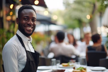 Joyful African American server attending to patrons outdoors at restaurant table
