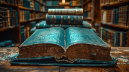 Obraz premium A stack of open books on an old wooden table, with shelves filled with various other books.