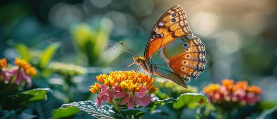 Obraz premium A vibrant butterfly perched on colorful flowers, basking in soft sunlight, showcasing nature's delicate beauty and intricate details.