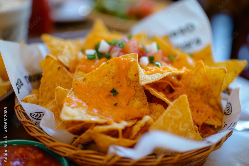 Sticker mexican nachos consist of fried corn tortilla with queso para nachos cheese