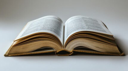 An open book with pages turning, white background, simple and clean.