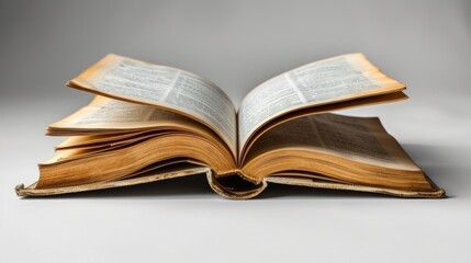 An open book with pages turning, white background, simple and clean.