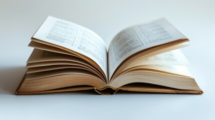 An open book with pages turning, white background, simple and clean.