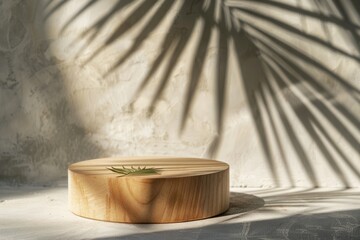 Minimal geometric display for eco cosmetics with round wooden cylinder shape plant leaf and shadows