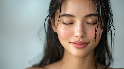 Naklejka premium Beautiful Asian woman with long black hair touching her healthy smooth skin on a white background.