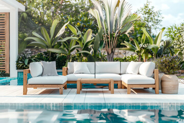 Outdoor pool area with modern furniture, surrounded by garden with plants and trees