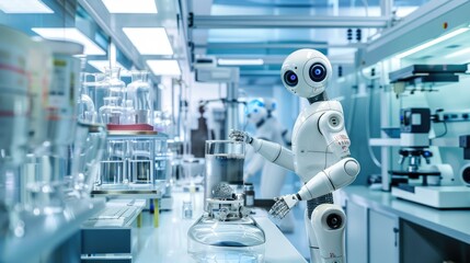 Fototapeta premium AI-driven robots conducting experiments in a cutting-edge laboratory