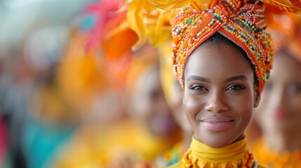 Fototapeta premium A vibrant woman with a colorful headwrap, exuding joy and culture at a festive celebration, showcasing traditional attire and artistry.