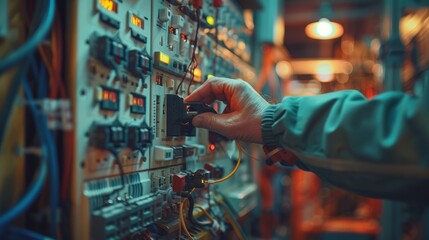 Person adjusting control panel in a technical setting