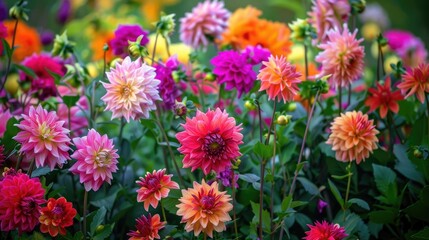 Gorgeous dahlias in a garden, showcasing a spectrum of colors