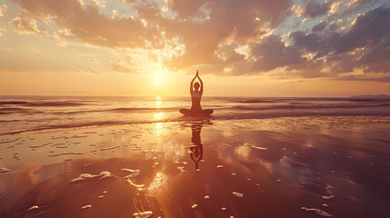 
A serene beach scene at sunset with a person practicing yoga.