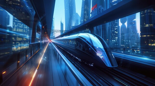 High-speed maglev train traveling through a futuristic urban landscape