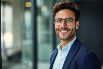 Naklejka premium Photograph of a pleased young businessman in glasses at conference room entrance